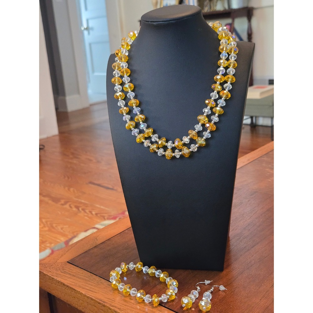 Amber Color Clear AB Crystals Double-strand Necklace Earrings Bracelet Set